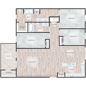 Floor plan for 3 beds, 2 baths, 1400 sqft
